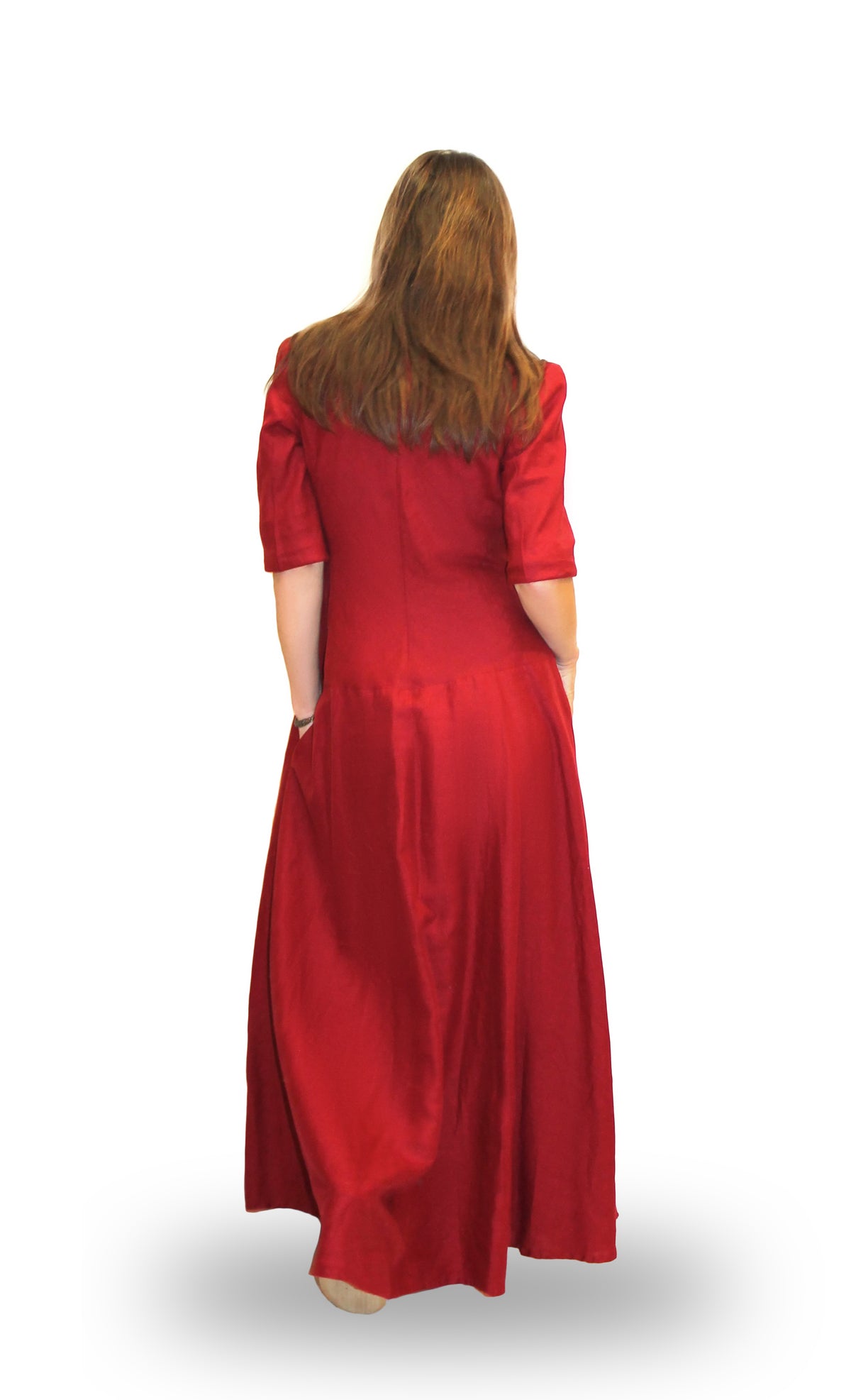 Raudonos spalvos ilga suknelė iš lino