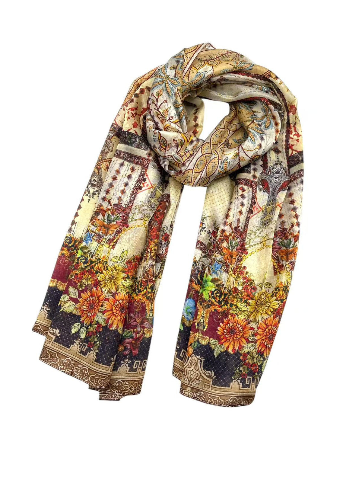 Silk shawl for women with autumn floral and leaf print in warm tones of orange, red, yellow and brown, luxury lightweight silk wrap, stylish accessory for shoulders or neck, perfect seasonal gift, Šilkinis šalis moterims su rudenišku gėlių ir lapų motyvu šiltų oranžinių, geltonų, raudonų ir rudų atspalvių, prabangus lengvas šilko šalis, elegantiškas aksesuaras pečiams ar kaklui, subtili rudens sezono dovanos idėja.