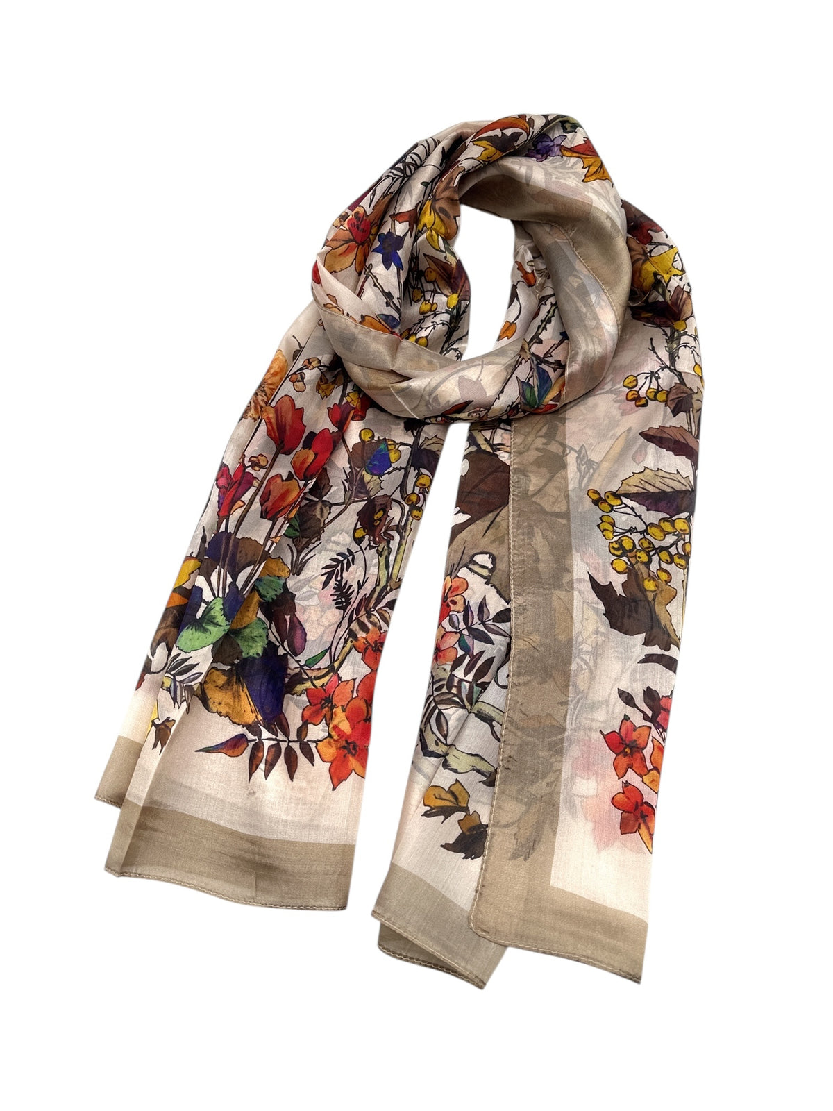 Silk shawl for women with autumn floral and leaf print in warm orange, yellow, red and green tones, luxury lightweight silk wrap, elegant accessory for shoulders or neck, perfect seasonal gift, Šilkinis šalis moterims su rudens gėlių ir lapų motyvu šiltų oranžinių, geltonų, raudonų ir žalių atspalvių, prabangus lengvas šilko šalis, elegantiškas aksesuaras pečiams ar kaklui, puiki sezono dovanos idėja.