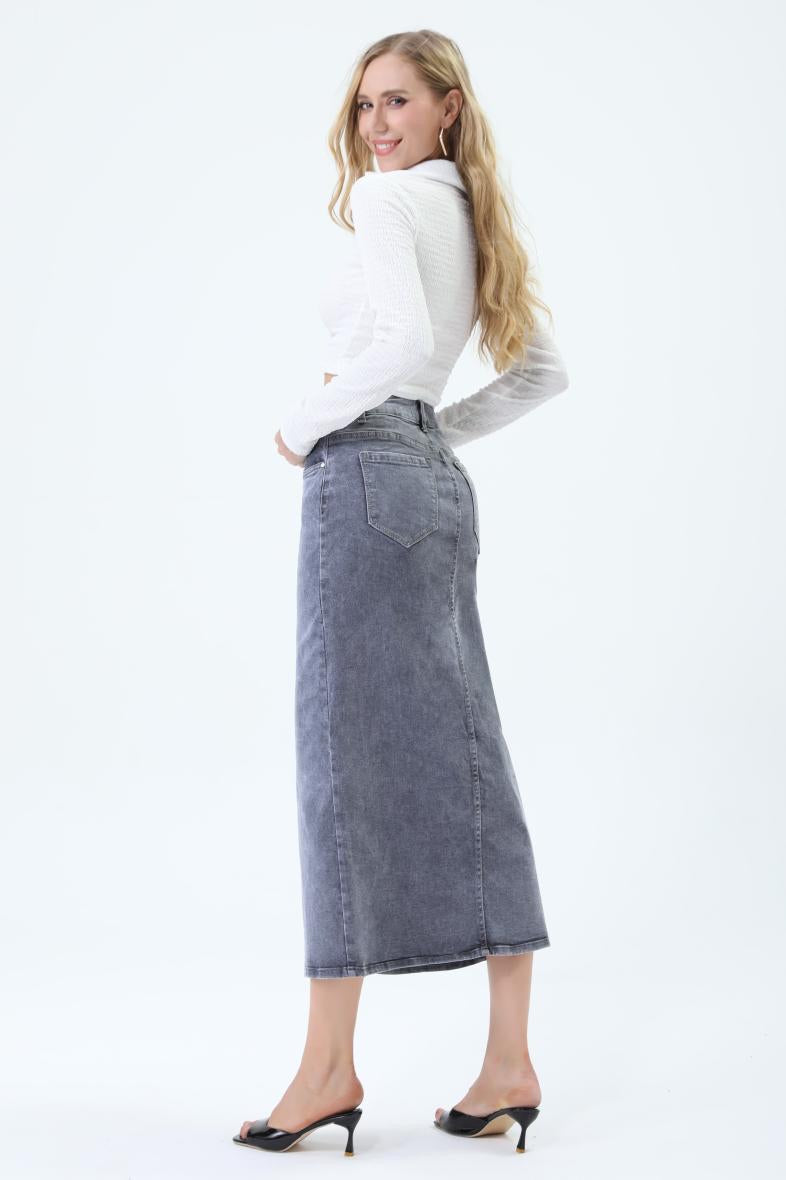 Ilgas kokybiškas džinsinis sijonas su skeltuku priekyje
