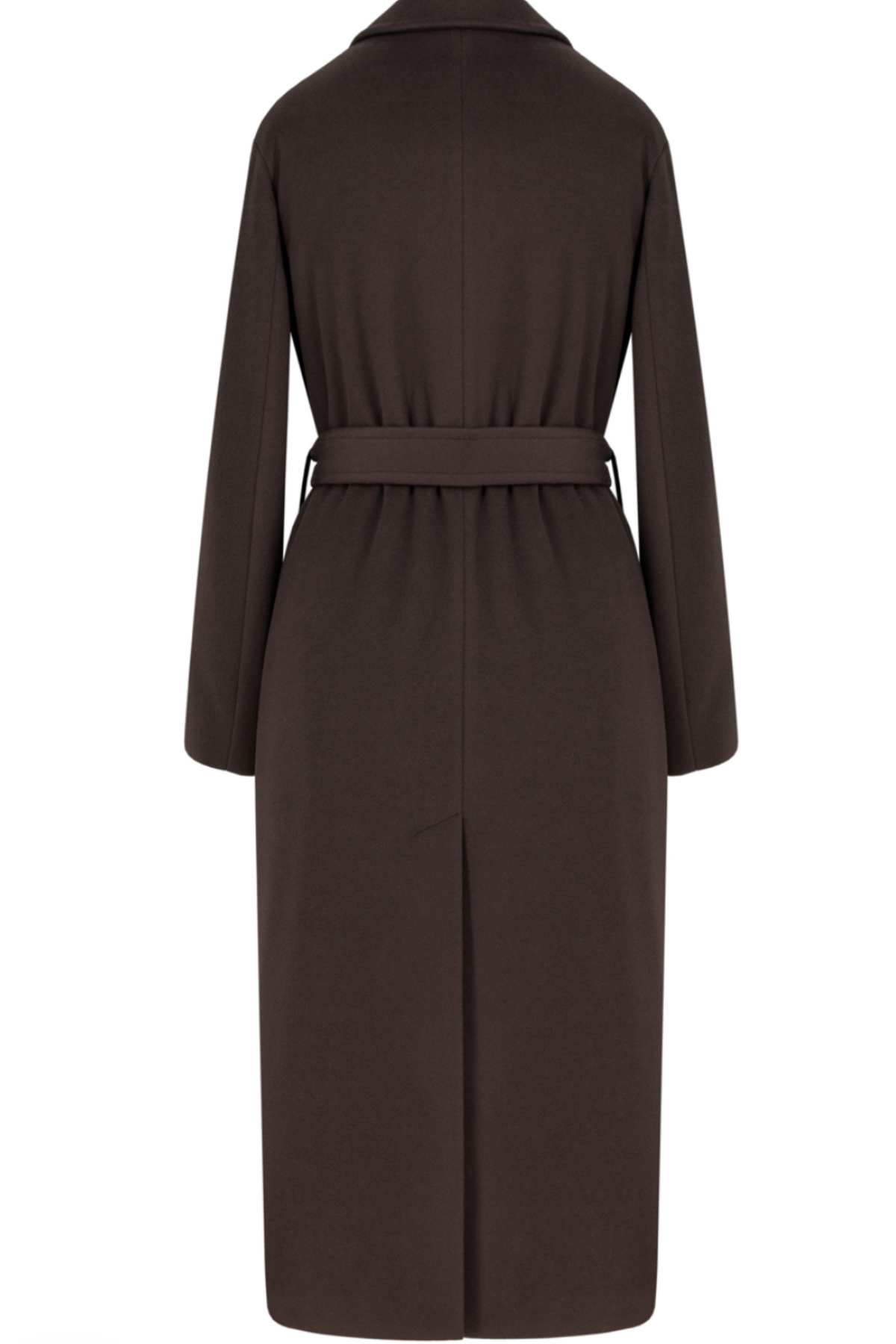 Brown wool coat Dakota for women – long elegant winter coat with wide lapels, belt at the waist, side pockets and dropped shoulders. Insulated and lined, warm and timeless. Model is wearing XS size. Rudas vilnonis paltas Dakota – ilgas, klasikinio silueto paltas su diržu, kišenėmis ir nuleistais pečiais.