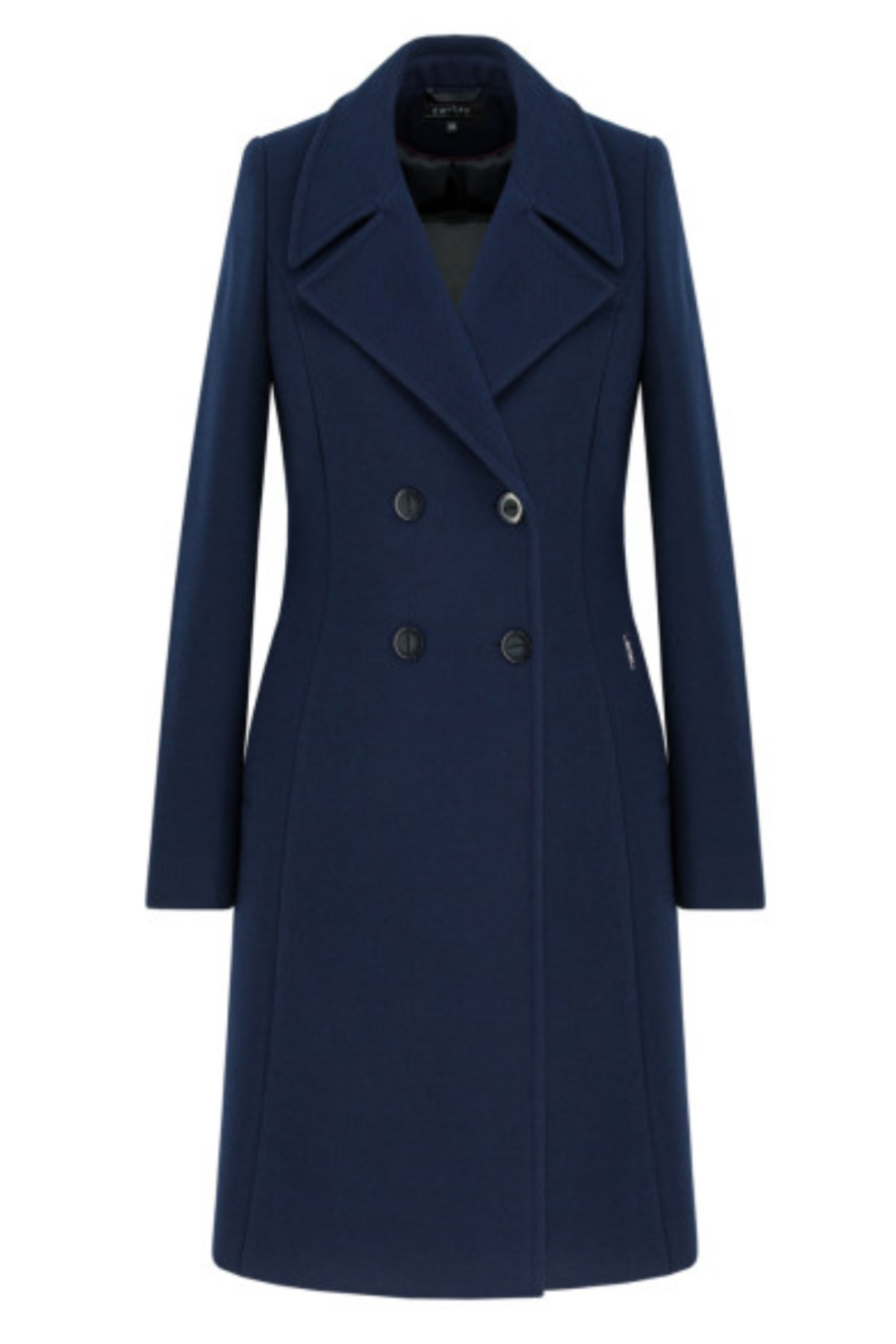 Navy blue wool coat Paris for women – elegant short knee-length coat with double-breasted buttons, wide lapel collar, back vent and decorative back tab. Insulated and lined, stylish and warm. Model is wearing size 34. Tamsiai mėlynas vilnonis paltas Paris – trumpas, klasikinis paltas su dvieile sagų eile ir nugara dekoruota patka.