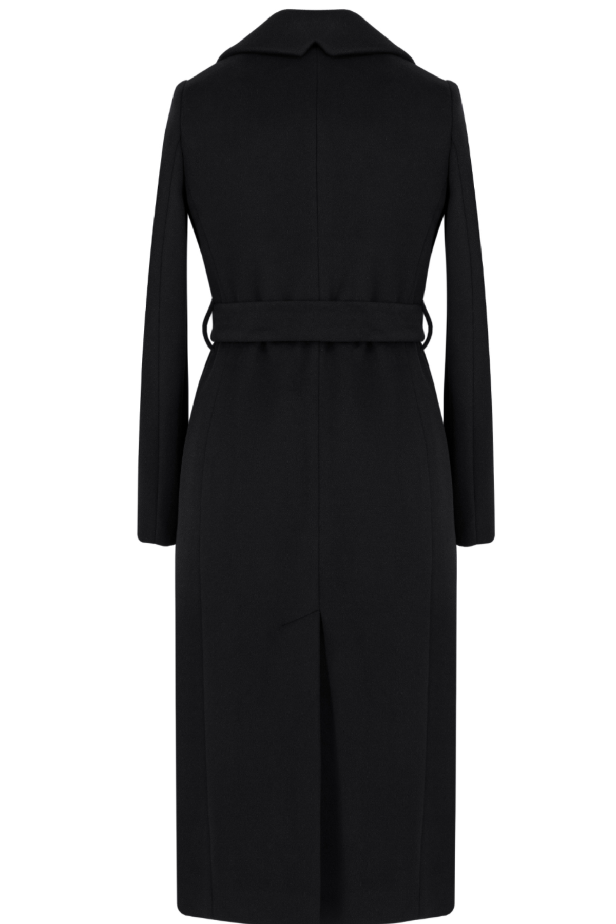 Black wool coat Amber for women – long classic winter coat with lapel collar, belt at the waist, side pockets and back vent. Elegant timeless design, insulated and lined, ideal for cold weather. Model is wearing size 34. Juodas vilnonis paltas Amber – klasikinis ilgas paltas su diržu, šoninėmis kišenėmis ir skeltuku nugaroje.