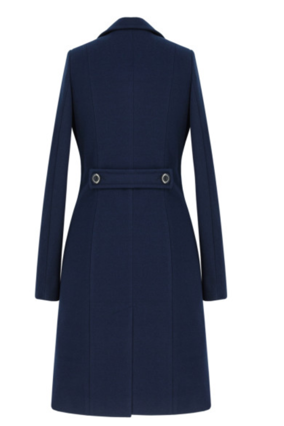 Navy blue wool coat Paris for women – elegant short knee-length coat with double-breasted buttons, wide lapel collar, back vent and decorative back tab. Insulated and lined, stylish and warm. Model is wearing size 34. Tamsiai mėlynas vilnonis paltas Paris – trumpas, klasikinis paltas su dvieile sagų eile ir nugara dekoruota patka.