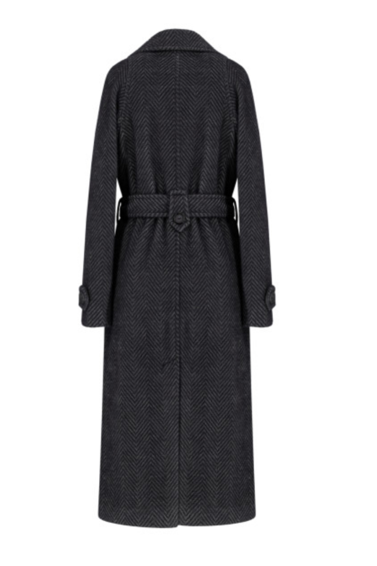 Nugat herringbone wool coat for women – long structured winter coat with double-breasted buttons, wide lapel collar, raglan sleeves, belt at the waist, flap pockets and back vent. Insulated and lined. Subtle mix of black and beige tones. Nugato spalvos moteriškas paltas su eglutės raštu – šiltas, ilgas, klasikinio silueto modelis.
