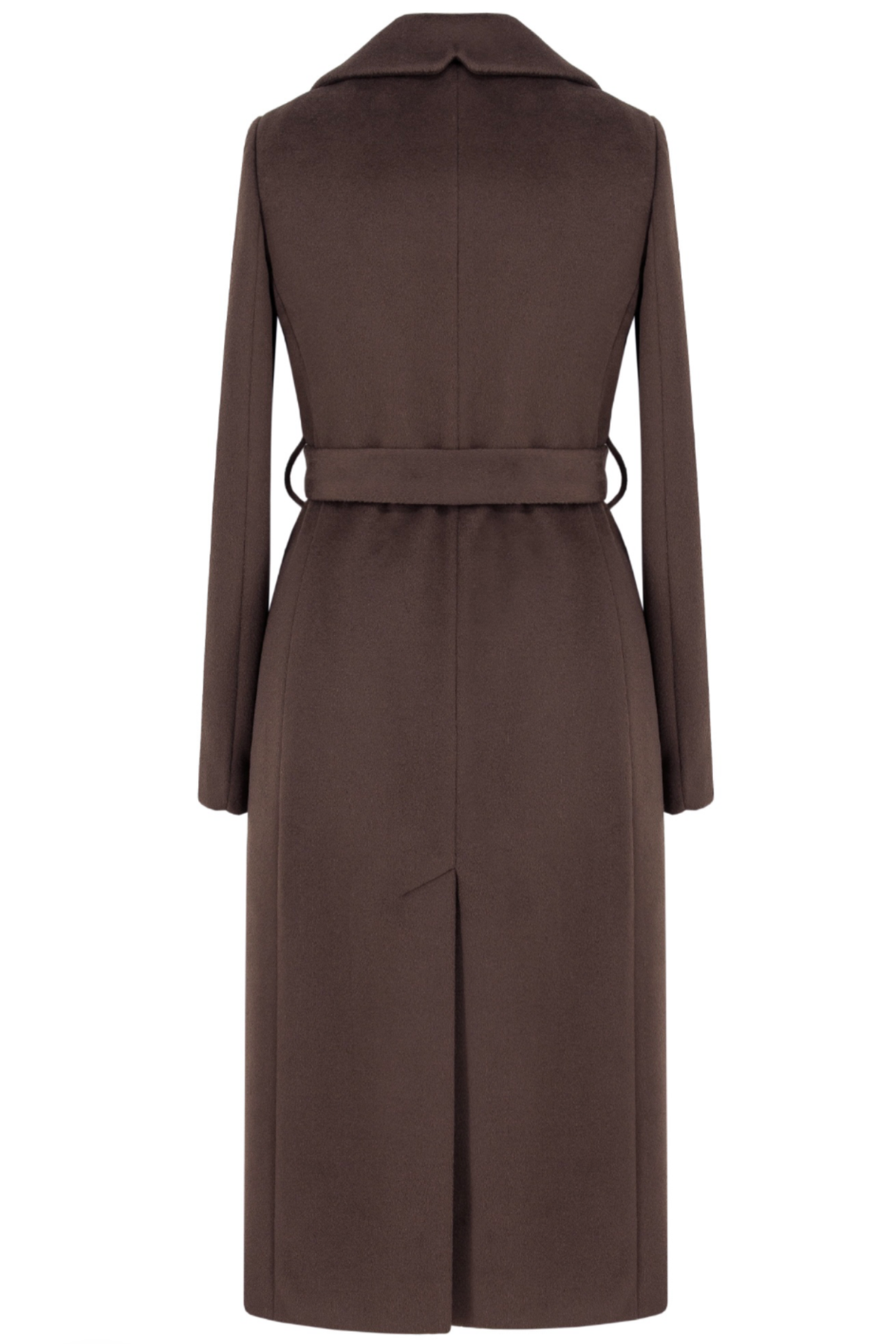 Classic chocolate wool coat for women – long elegant autumn and winter coat. Featuring a tailored silhouette with wide lapels, belt at the waist, side pockets and a back slit. Made from a warm wool-alpaca blend with high-quality lining. Model height 170 cm, wearing size 34. Klasikinis šokolado spalvos paltas moterims – elegantiškas ir šiltas pasirinkimas.