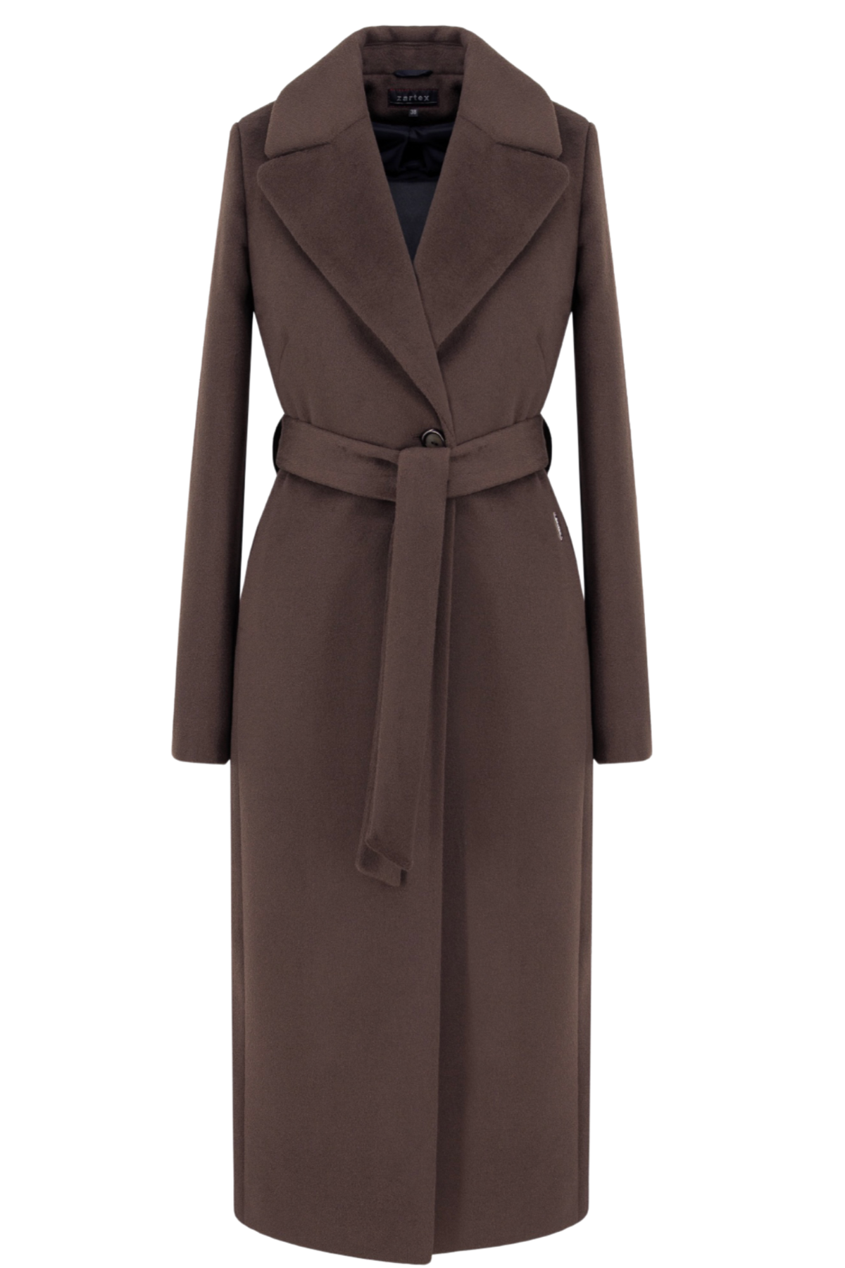 Classic chocolate wool coat for women – long elegant autumn and winter coat. Featuring a tailored silhouette with wide lapels, belt at the waist, side pockets and a back slit. Made from a warm wool-alpaca blend with high-quality lining. Model height 170 cm, wearing size 34. Klasikinis šokolado spalvos paltas moterims – elegantiškas ir šiltas pasirinkimas.
