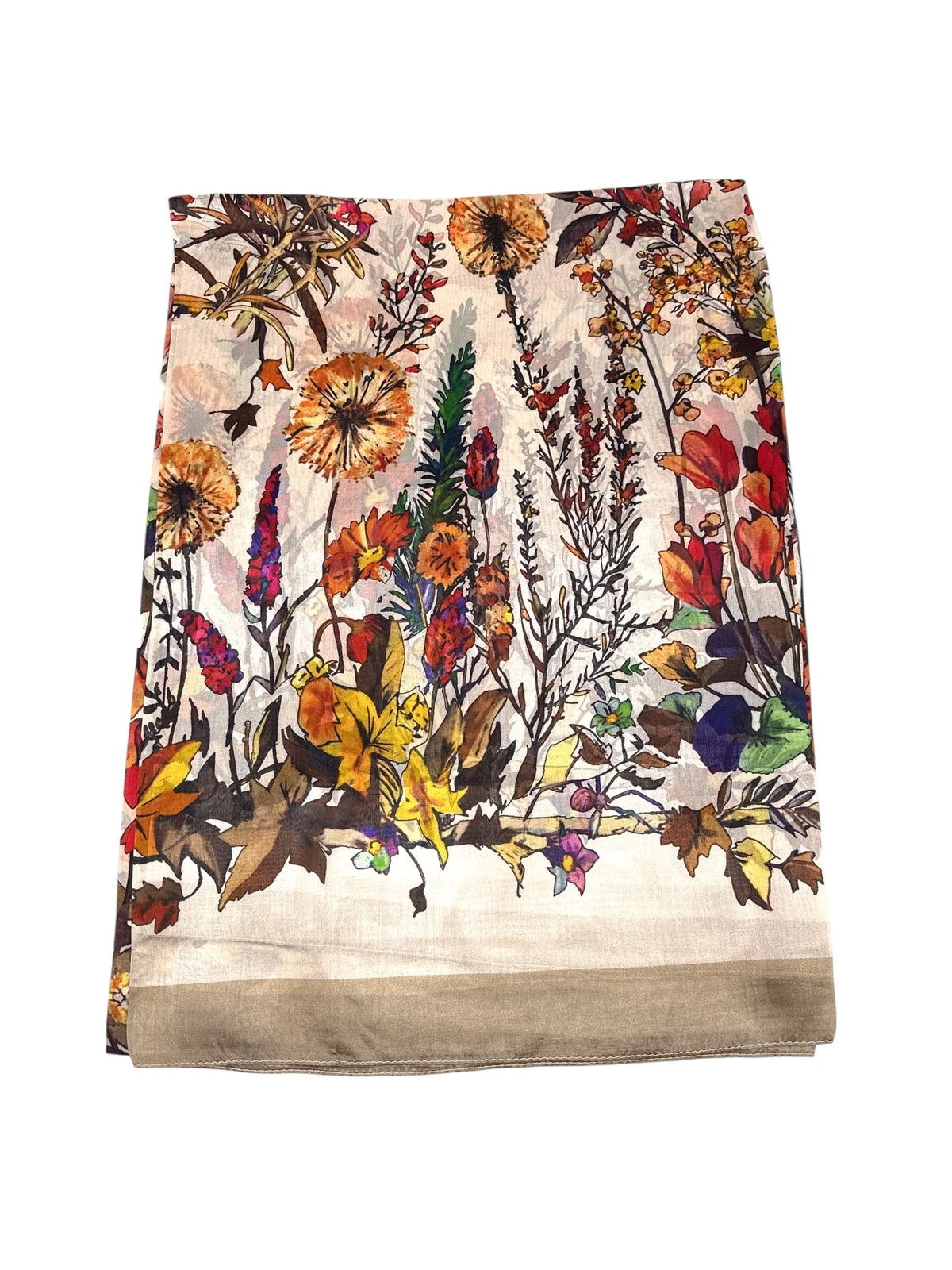 Silk shawl for women with autumn floral and leaf print in warm orange, yellow, red and green tones, luxury lightweight silk wrap, elegant accessory for shoulders or neck, perfect seasonal gift, Šilkinis šalis moterims su rudens gėlių ir lapų motyvu šiltų oranžinių, geltonų, raudonų ir žalių atspalvių, prabangus lengvas šilko šalis, elegantiškas aksesuaras pečiams ar kaklui, puiki sezono dovanos idėja.