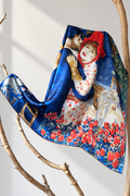 Silk scarf for women 90x90 cm with Renoir painting inspired print, elegant luxury silk square scarf in blue and red floral design, premium silk accessory for neck, hair or handbag, perfect gift idea, Šilkinė skarelė moterims 90x90 cm su Renoir paveikslo motyvu, elegantiška prabangi šilko skarelė kvadrato formos, mėlynos ir raudonos spalvos gėlėtas dizainas, stilingas aksesuaras kaklui, plaukams ar rankinei, puiki dovanos idėja.