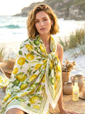 Didelė moteriška medvilninė skara su geltonų citrinų raštu, lengvas vasariškas šalikas paplūdimiui ir kasdieniam stiliui, dėvima ant pečių arba kaip aksesuaras