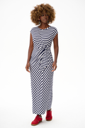 Striped midi dress with side tie waist, lightweight viscose summer dress, flattering silhouette, navy and white stripes, elegant casual outfit / Dryžuota midi suknelė su surišimu šone, lengva viskozinė vasarinė suknelė, liekninantis modelis, patogi ir stilinga