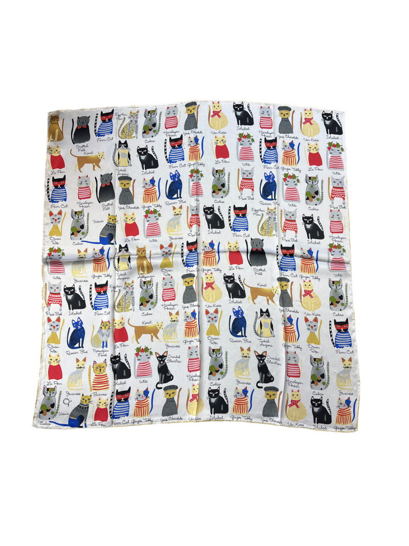 Playful silk scarf for women 90x90 cm with cute cat print, luxury square silk scarf, fun and unique accessory for neck, hair or handbag, perfect gift for cat lovers, Žaisminga šilkinė skarelė moterims 90x90 cm su mažų katinukų motyvu, prabangi kvadrato formos šilko skarelė, smagus ir išskirtinis aksesuaras kaklui, plaukams ar rankinei, puiki dovanos idėja kačių mylėtojai.