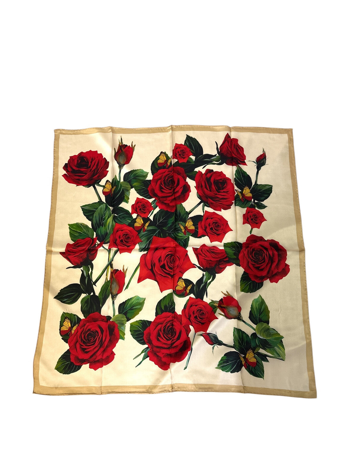 Silk scarf for women 90x90 cm with red roses floral print on light background, luxury square silk scarf with golden border, romantic and elegant accessory for neck, hair or handbag, perfect gift, Šilkinė skarelė moterims 90x90 cm su raudonų rožių gėlių motyvu ant šviesaus fono, prabangi kvadrato formos šilko skarelė su auksiniu krašteliu, romantiškas ir elegantiškas aksesuaras kaklui, plaukams ar rankinei, subtili dovanos idėja moteriai.