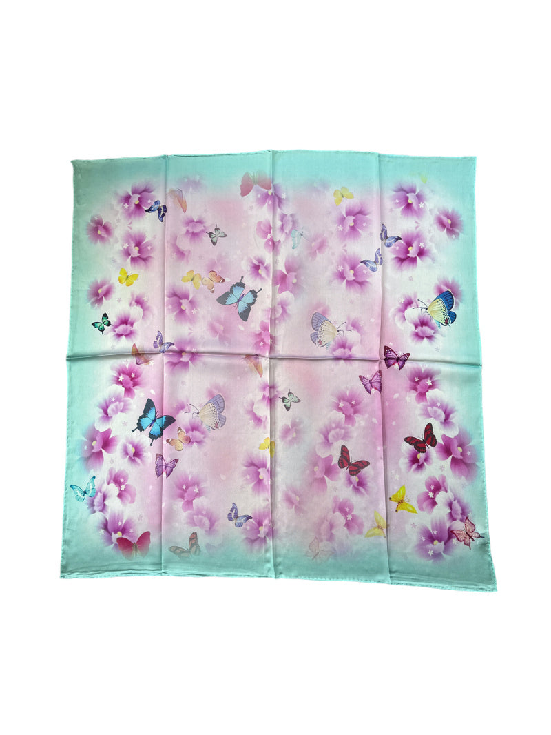 Turquoise silk scarf for women 90x90 cm with butterfly and floral print, luxury square silk scarf in pastel turquoise and pink, romantic and elegant accessory for neck, hair or handbag, perfect spring gift, Turkio šilkinė skarelė moterims 90x90 cm su drugelių ir gėlių motyvu, prabangi kvadrato formos šilko skarelė pastelinių turkio ir rožinių spalvų, romantiškas ir elegantiškas aksesuaras kaklui, plaukams ar rankinei, subtili dovana pavasariui.