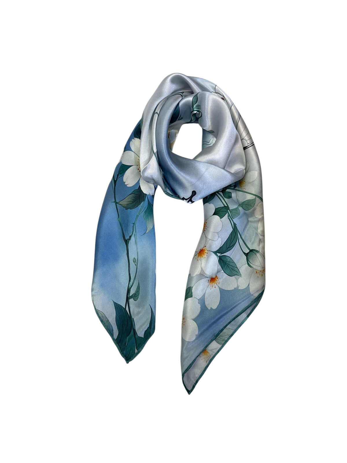 Blue silk scarf for women 90x90 cm with white floral and butterfly print, luxury square silk scarf in soft blue tones, romantic and elegant accessory for neck, hair or handbag, perfect gift, Mėlyna šilkinė skarelė moterims 90x90 cm su baltais žiedais ir drugeliais, prabangi kvadrato formos šilko skarelė švelnių mėlynų atspalvių, romantiškas ir elegantiškas aksesuaras kaklui, plaukams ar rankinei, subtili dovanos idėja moteriai.