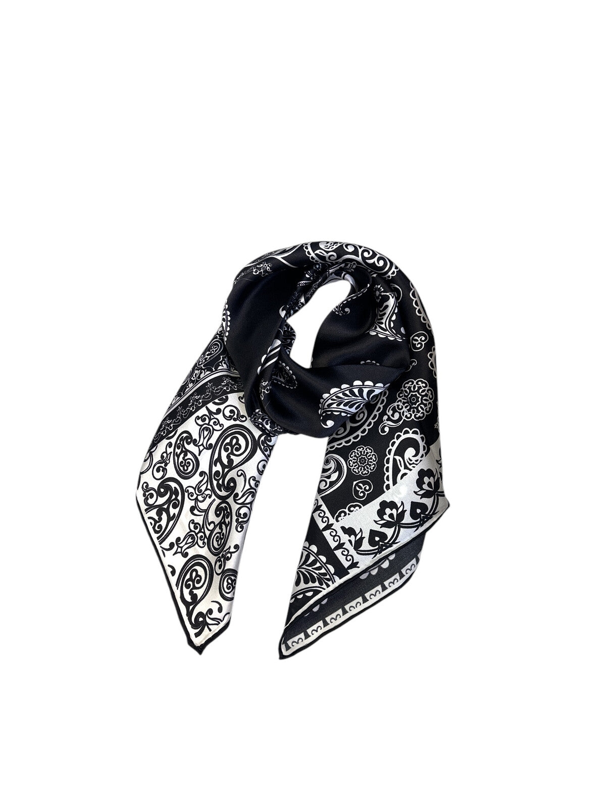 Black and white silk scarf for women 90x90 cm with paisley and ornamental print, luxury square silk scarf in the most popular size, elegant and versatile accessory for neck, hair or handbag, perfect timeless gift, Juodai balta šilkinė skarelė moterims 90x90 cm su paisley ir ornamentų raštu, prabangi kvadrato formos šilko skarelė populiariausio dydžio, elegantiškas ir universalus aksesuaras kaklui, plaukams ar rankinei, puiki nesenstanti dovanos idėja.