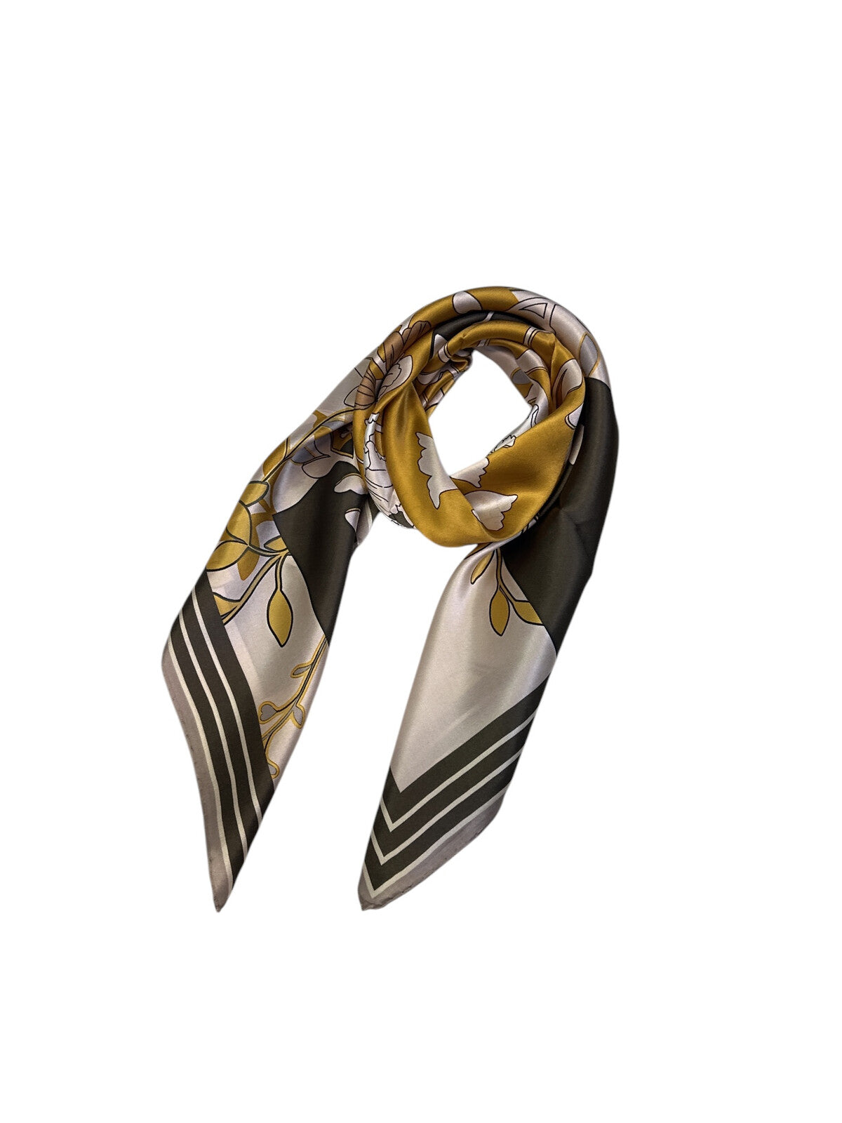 Modern silk scarf for women 90x90 cm with floral print and geometric pattern in yellow, cream and black, luxury square silk scarf with decorative border, elegant accessory for neck, hair or handbag, perfect stylish gift, Moderni šilkinė skarelė moterims 90x90 cm su gėlių motyvu ir geometriniu raštu geltonos, kreminės ir juodos spalvos, prabangi kvadrato formos šilko skarelė su dekoratyviniu rėmeliu, elegantiškas aksesuaras kaklui, plaukams ar rankinei, puiki stilinga dovanos idėja.