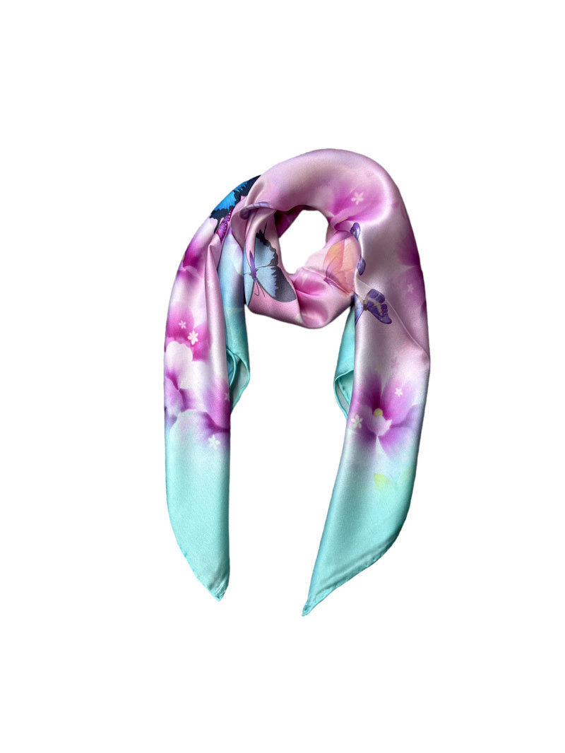 Turquoise silk scarf for women 90x90 cm with butterfly and floral print, luxury square silk scarf in pastel turquoise and pink, romantic and elegant accessory for neck, hair or handbag, perfect spring gift, Turkio šilkinė skarelė moterims 90x90 cm su drugelių ir gėlių motyvu, prabangi kvadrato formos šilko skarelė pastelinių turkio ir rožinių spalvų, romantiškas ir elegantiškas aksesuaras kaklui, plaukams ar rankinei, subtili dovana pavasariui.
