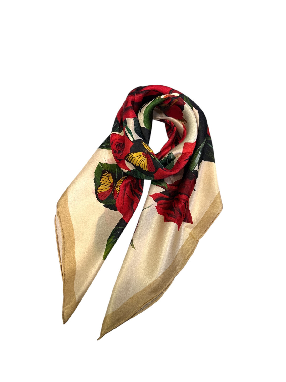 Silk scarf for women 90x90 cm with red roses floral print on light background, luxury square silk scarf with golden border, romantic and elegant accessory for neck, hair or handbag, perfect gift, Šilkinė skarelė moterims 90x90 cm su raudonų rožių gėlių motyvu ant šviesaus fono, prabangi kvadrato formos šilko skarelė su auksiniu krašteliu, romantiškas ir elegantiškas aksesuaras kaklui, plaukams ar rankinei, subtili dovanos idėja moteriai.