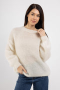 Smėlinis moherinis megztinis iš Kid Mohair, purus ir lengvas moteriškas megztinis su apvalia iškirpte, ilgos rankovės su rankogaliais, neutralios spalvos elegantiškas megztinis kasdienai ir sluoksniavimui