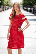 🌿 Raudona lininė suknelė su taškeliais ir nėriniais – moteriška vasaros suknelė