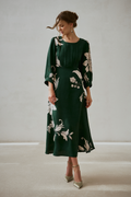 Žalia viskozinė suknelė su gėlių raštu, elegantiška midi suknelė moterims